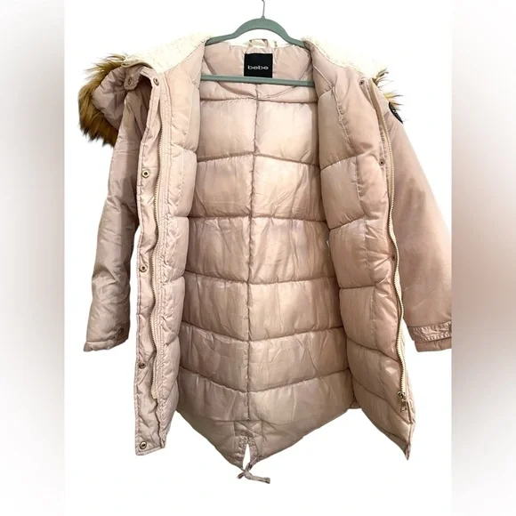 bebe Women's Heavyweight Insulated Long Length Parka Jacket Faux Fur Hood Size L - Picture 3 of 13